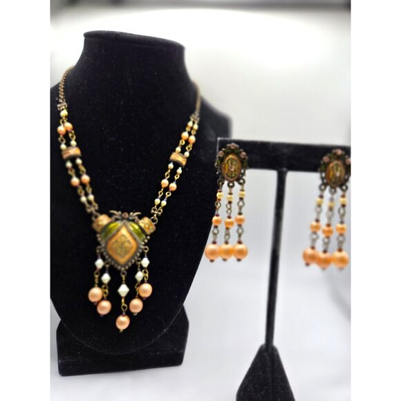 Vintage Enamel Brass Necklace & Earring Set  Rhinestone & Faux Pearl Dangles - Picture 7 of 8